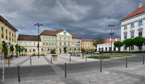 SZOMBATHELY / HUNGARY, APRIL 27, 2019. Late afternoon with stormy clouds above the Labor Center of the Vas County Government Office in Szombathely, Hungary
