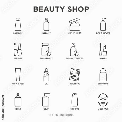 Beauty shop thin line icons set: skin care, cream, gel, organic cosmetics, make up, soap dispenser, nail care, beauty box, deodorant, face oil, scrub, shampoo, sheet mask. Modern vector illustration.