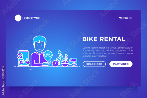 Bike rental mobile app. Web page template with thin line icons: rates, bicycle tours, pet trailer, padlock, helmet, child seat, sharing, pointer. Modern vector illustration.