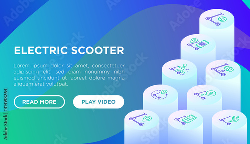 Electric scooter web page template with thin line isometric icons: sharing service, mobile app, QR code, parking, helmet, eco transport, pointer. Modern vector illustration.