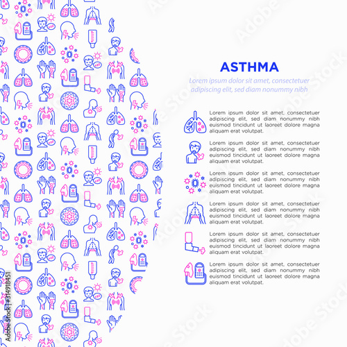 Asthma concept with thin line icons: allergen, dyspnea, cough, wheezing, chest pain, diaphragm, asthma attack, hives, sputum, inhaler, nebulizer. Vector illustration, template with copy space.