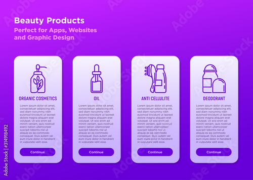 Beauty shop mobile user interface with copy space and thin line icons: organic cosmetics, oil, anti cellulite, deodorant. Modern vector illustration for mobile app.