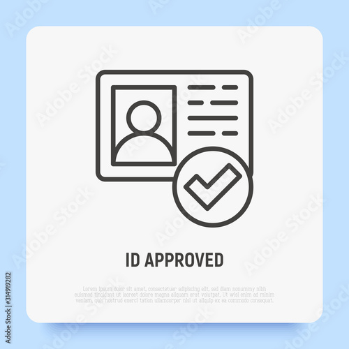 Id approved thin line icon. Id card with check mark. Authentication, membership. Modern vector illustration.