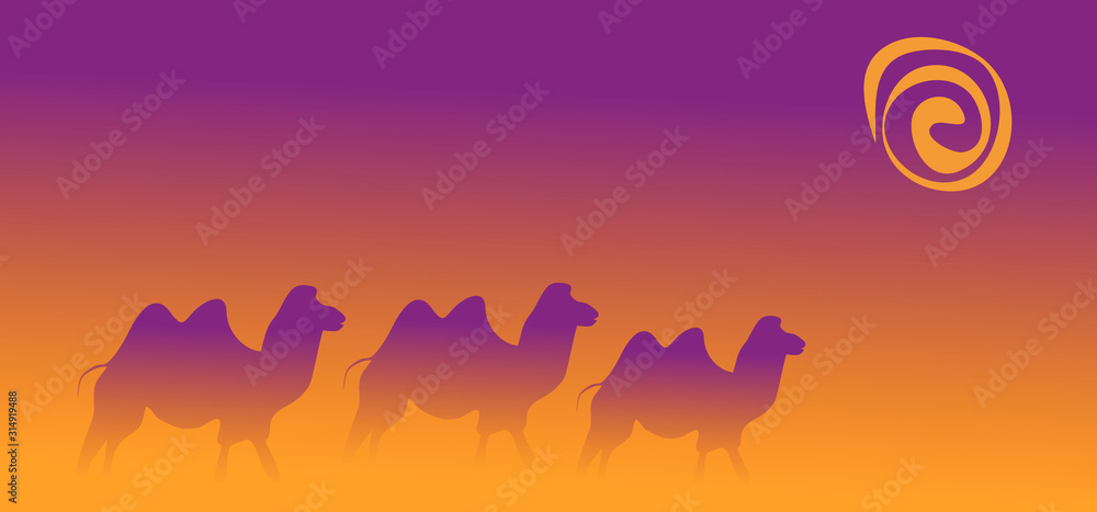 Fototapeta premium vector abstract illustration of three camels walking in the desert during a sandstorm under the sun
