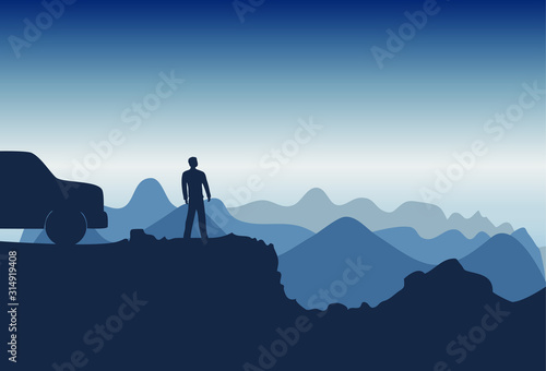 vector illustration of a man standing near a car and looking at the mountains