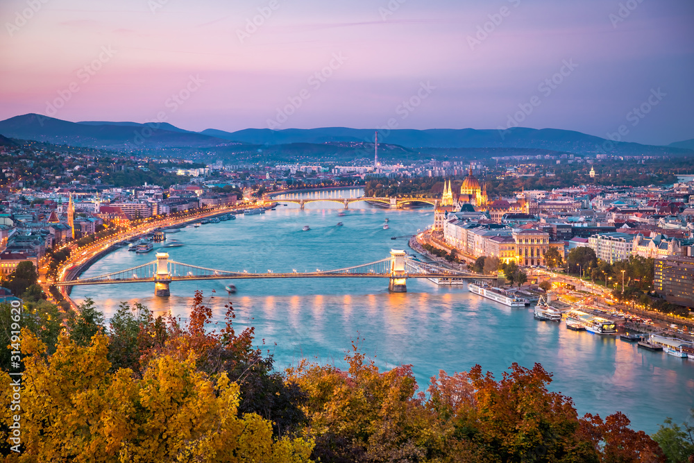Naklejka premium Budapest. Panoramic cityscape of Budapest, from viewpoint, capital city of Hungary, during sunset.