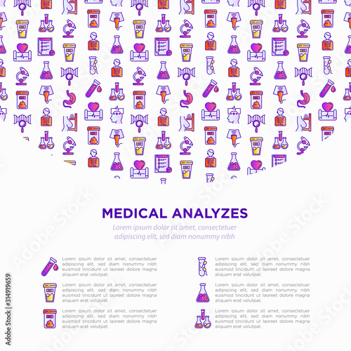 Medical analyzes concept with thin line icons: blood test, urine test, stool, ECG, mammography, sperm, DNA, ultrasound, EEG. Vector illustration for laboratory web page