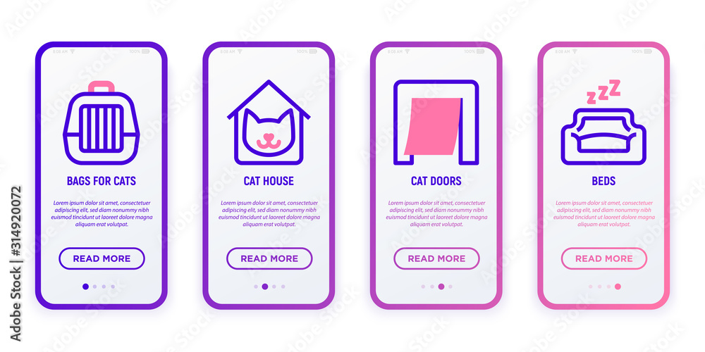 Mobile user interface for pet shop with thin line icons: pet transport bag, cat house, doggie door, pet bed. Modern vector illustration.