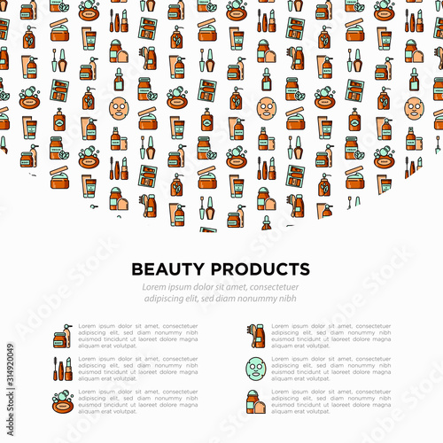 Beauty products concept with thin line icons: skin care, cream, gel, organic cosmetics, make up, soap dispenser, nail care, beauty box, scrub, shampoo, sheet mask. Modern vector illustration.