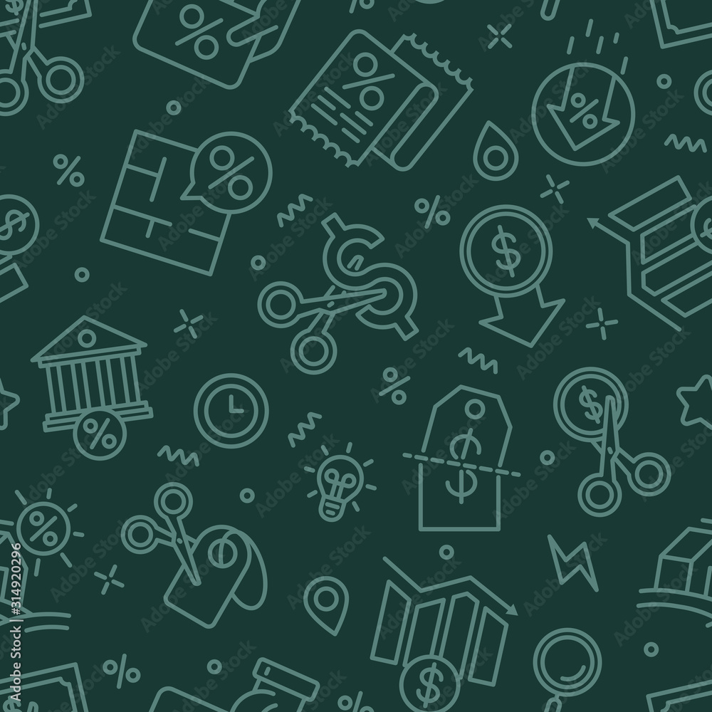 Rate cut seamless pattern with thin line icons: cutting price, cost reduction, sale, discount, receipt, loyalty card, interest. Modern vector illustration. Rate cut seamless pattern with thin line icons: cutting price, cost reduction, sale, discount, receipt, loyalty card, interest. Modern vector illustration.