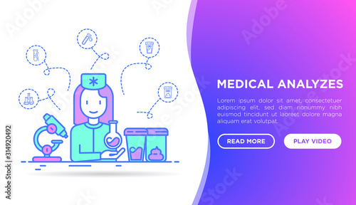Medical laboratory website template. Nurse takes blood test, urine test, stool. Thin line icons. Vector illustration with copy space.