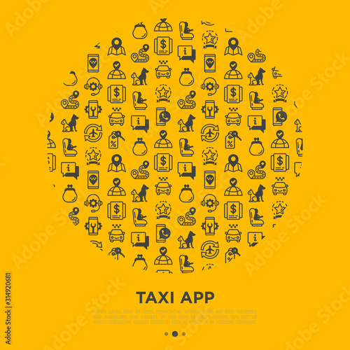 Taxi app concept in circle with thin line icons: payment method, promocode, app settings, info, support service, phone number, route, destination, airport transfer, baby seat. Vector illustration.