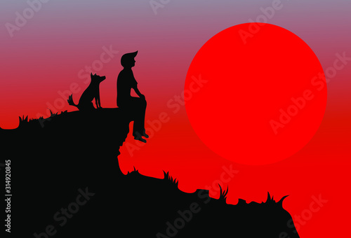 vector illustration of a boy and a dog sitting on a hill and watching the sunset