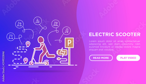 Man using electric scooter concept. Web page template with thin line icons: sharing service, mobile app, QR code, parking, eco transport, pointer. Modern vector illustration.