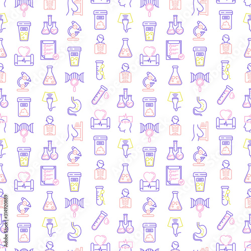 Medical analyzes seamless pattern with thin line icons: blood test, urine test, stool, ECG, mammography, sperm, DNA, ultrasound, EEG, X-ray, gastroscopy. Vector illustration for laboratory web page.