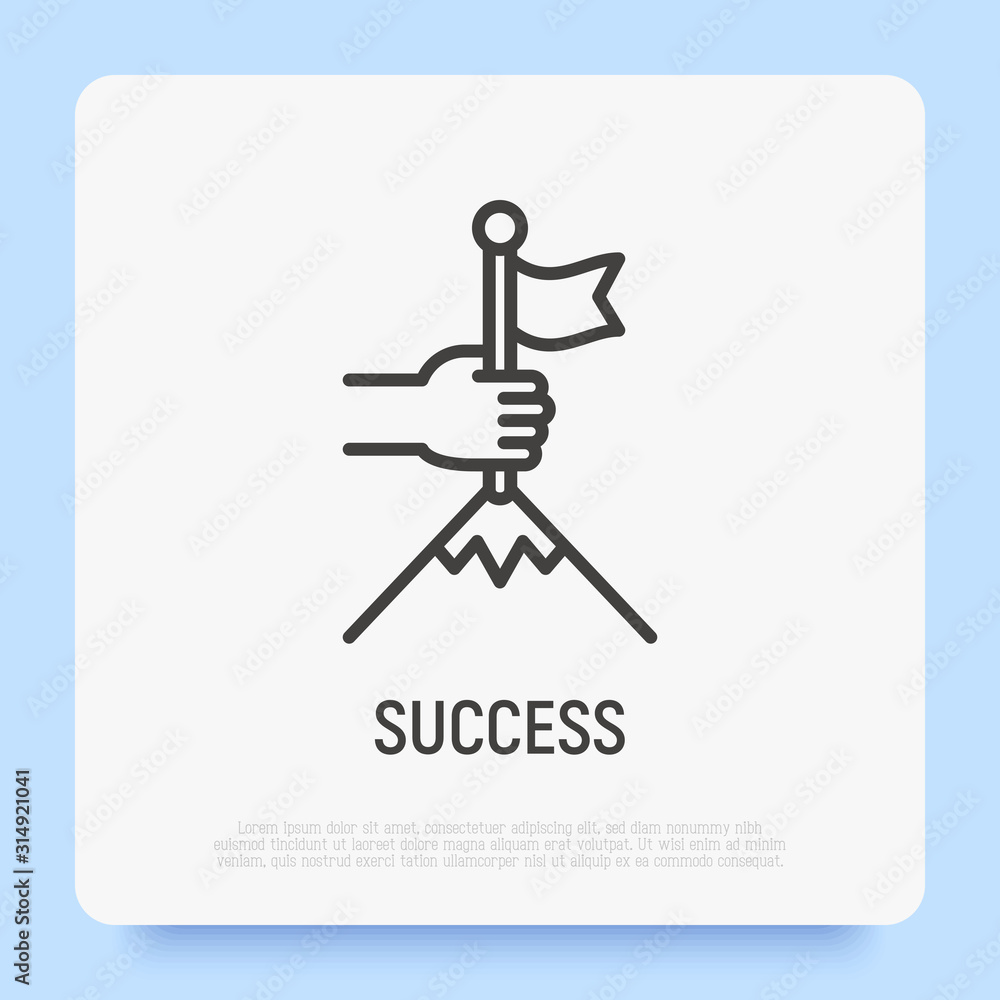 Success thin line icon: human hand puts flag in mountain top. Leadership, winning, goal achievement. Modern vector illustration. Success thin line icon: human hand puts flag in mountain top. Leadership, winning, goal achievement. Modern vector illustration.