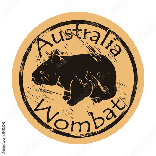 Wombat silhouette icon vector round shabby emblem design, old retro style. Wombat in full growth logo mail stamp on craft paper. Realistic wombat design shape vintage grunge sign. Australian animal.