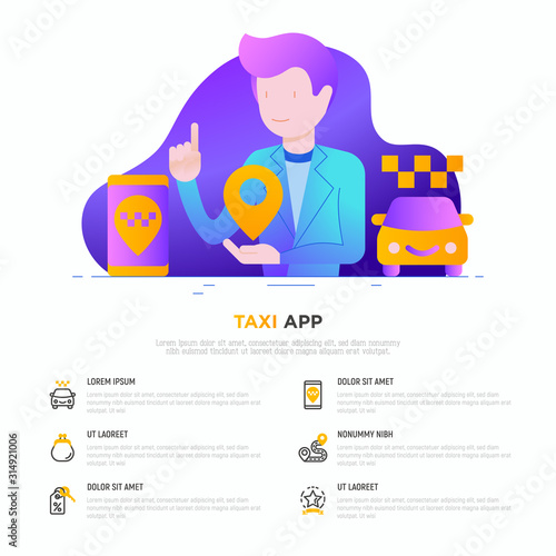 Man using taxi app. Web page template with thin line icons: payment method, promocode, app settings, info, support service, phone number, location, pointer, route, destination. Vector illustration.
