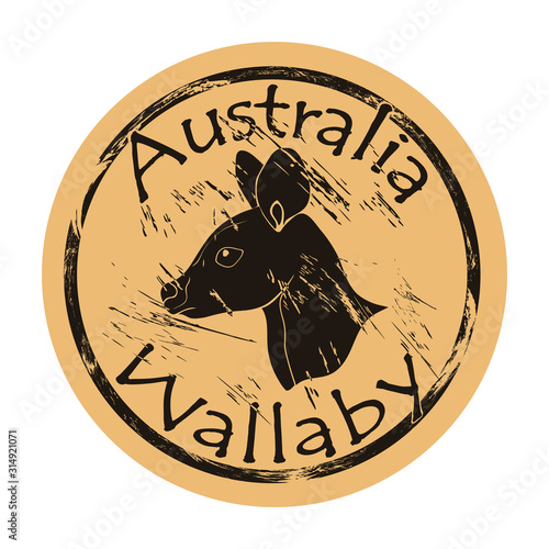 Wallaby profile head silhouette icon vector round shabby emblem design, old retro style. Australian animal logo mail stamp on craft paper. Realistic wallaby design shape vintage grunge sign.