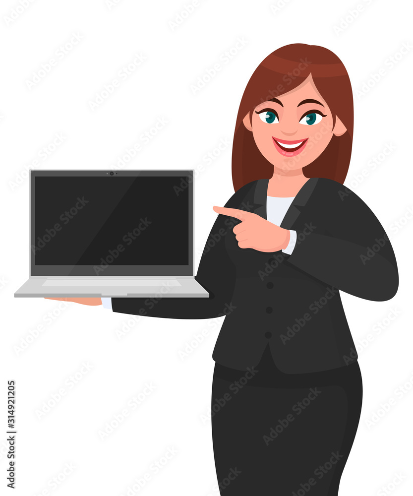 Young businesswoman showing a new brand laptop and pointing finger. Person holding portable computer and gesturing hand. Female character design illustration. Latest technology in vector cartoon style