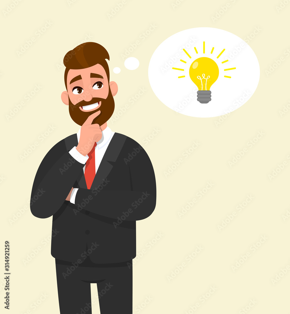 Thoughtful young businessman thinking and holding finger on face. White thought bubble in the background. Male character design illustration. Innovation, new idea, creativity concept in vector. Thoughtful young businessman thinking and holding finger on face. White thought bubble in the background. Male character design illustration. Innovation, new idea, creativity concept in vector.