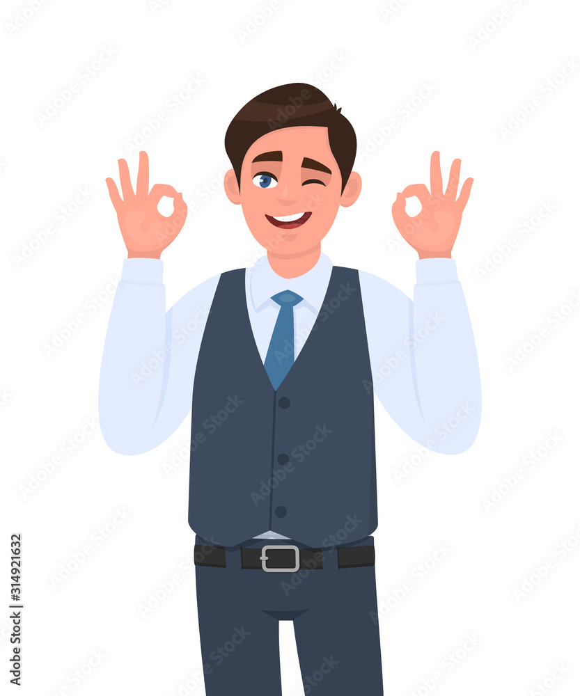 Young businessman in waistcoat showing okay or OK gesture and winking eye. Person making symbol of good or cool sign. Male character design illustration. Human emotions concept in vector cartoon. Young businessman in waistcoat showing okay or OK gesture and winking eye. Person making symbol of good or cool sign. Male character design illustration. Human emotions concept in vector cartoon.