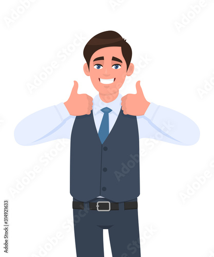 Young businessman in waistcoat showing thumb up gesture. Person making symbol of like, agree or good sign. Male character design illustration. Human emotions/expressions concept in vector cartoon.