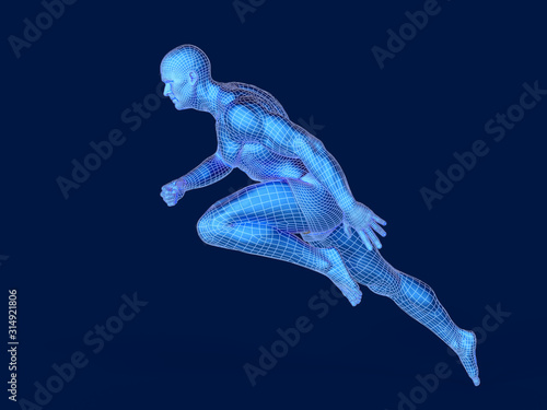 Muscular man running sprint, generic blue figure with wireframe overlay. 3D rendering.