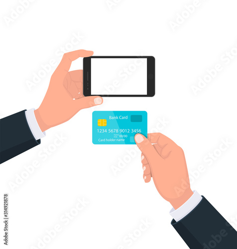 Human hand holding the black smartphone with blank screen display and showing credit, debit, ATM, bank card. Modern lifestyle, digital technology cell phone concept illustration in cartoon style.