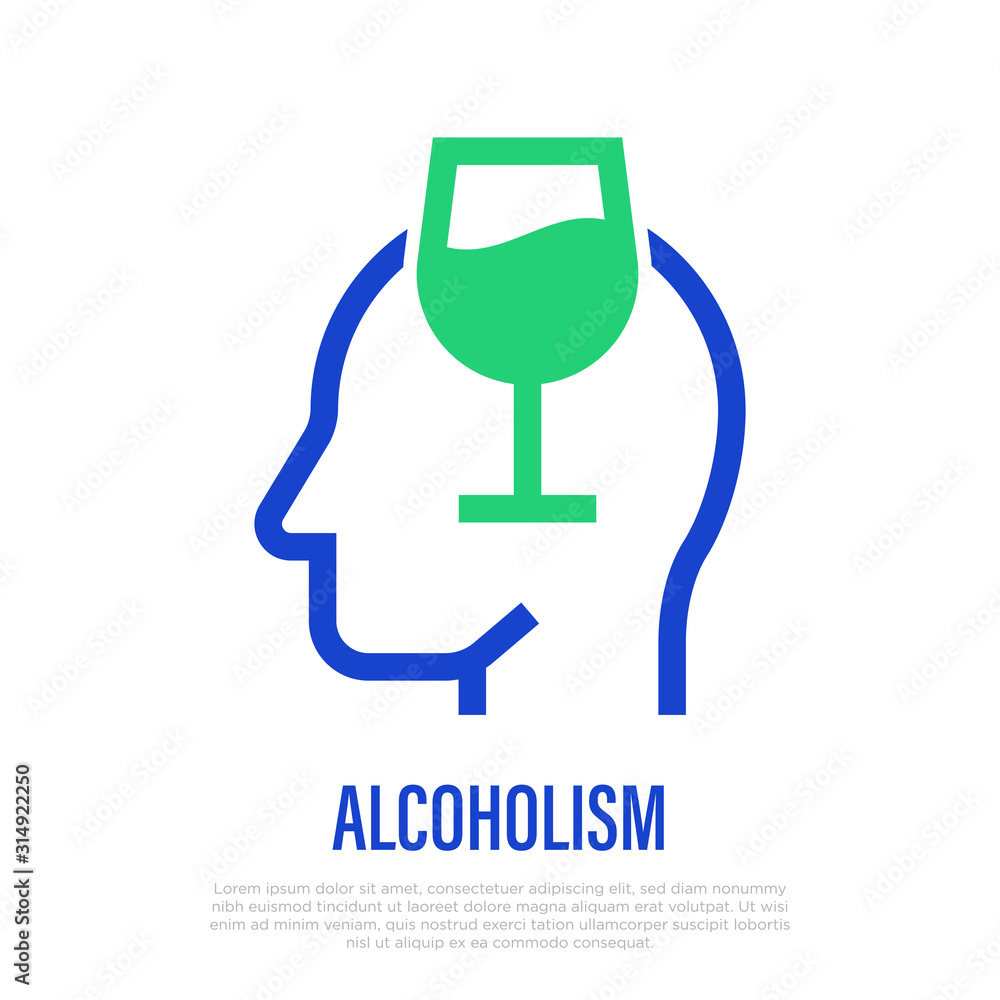 Alcoholism thin line icon: wine glass in human head silhouette. Alcohol addiction. Bad habit. Vector illustration. Alcoholism thin line icon: wine glass in human head silhouette. Alcohol addiction. Bad habit. Vector illustration.