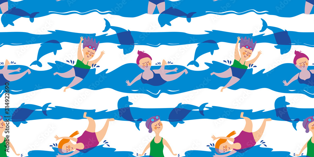 Seamless pattern with women and dolphins. Sea swimming. Summer bathes in the ocean. Flat style. Vector illustration