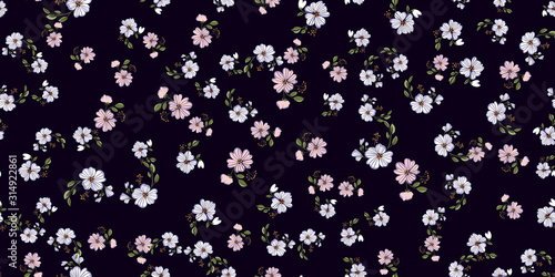 Seamless pattern with colorful hand drawn flowers. Original textile, wrapping paper, wall art surface design. Vector illustration. Floral simple minimalistic graphic design
