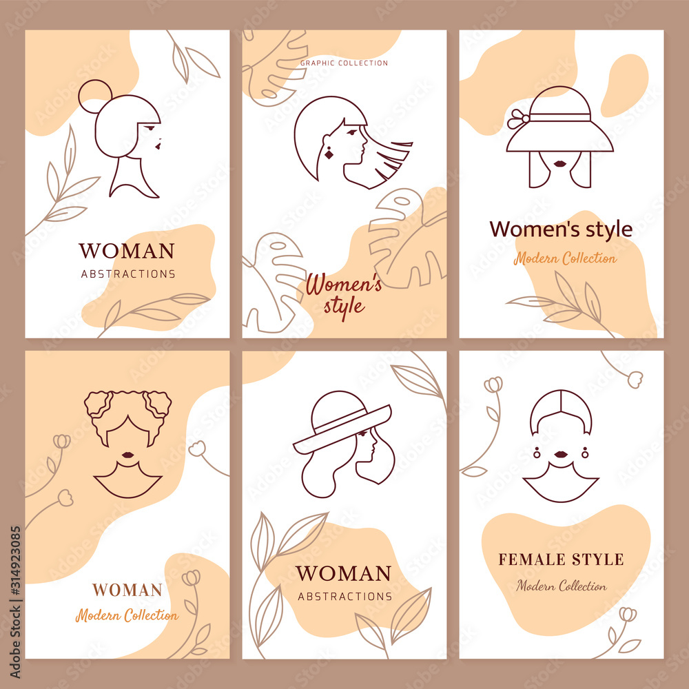 Obraz premium Set of vector banners in linear style from the silhouettes of women and girls with different plants isolated on a white background in two colors. Set for hair salon, women's store, beauty salon, websi