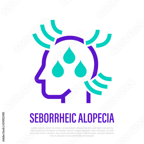 Seborrheic alopecia thin line icon. Hair loss. Bald place on scalp with drops. Vector illustration.