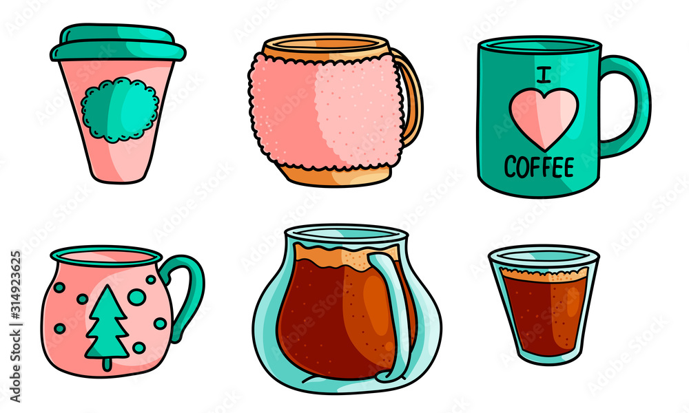 Obraz premium Set of coffee drinks in different cups and mugs vector illustration