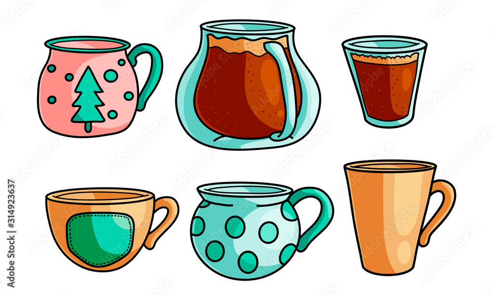 Set of coffee in pastel colored cups mugs vector illustration