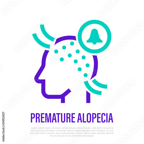 Premature alopecia thin line icon. Hair loss. Bald place on scalp and alarm sign. Vector illustration.