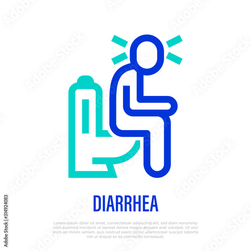 Diarrhea: man sitting in toilet and feeling pain. Thin line icon. Stomachache, hemorrhoids. Vector illustration.
