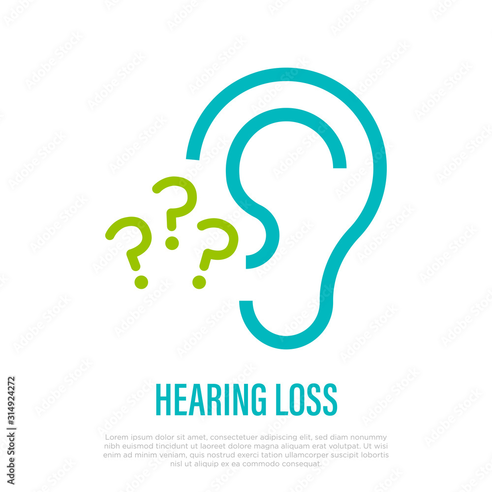 Hearing loss thin line icon. Ear with question marks. Vector illustration.