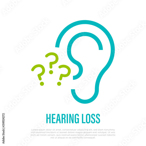 Hearing loss thin line icon. Ear with question marks. Vector illustration.