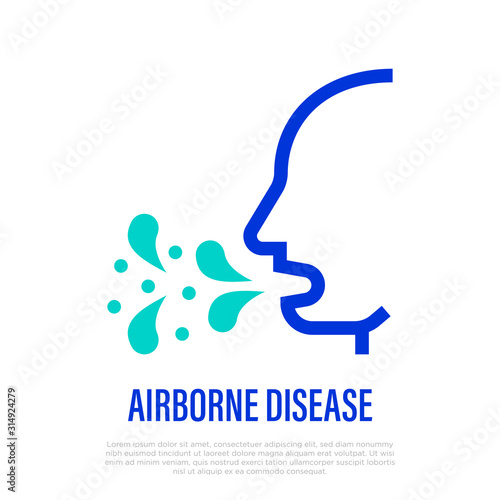Airborne disease thin line icon. Cough, symptom of adenovirus, flu, influenza, allergy. Vector illustration.