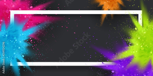 colorful paint powder splash banner background frame illustration for holi celebration, festival, dj event