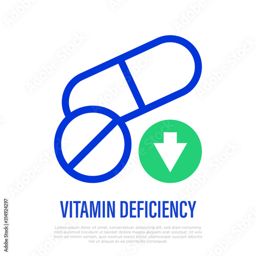 Vitamin deficiency thin line icon. Pill and capsule with arrow down. Health care and medical vector illustration.