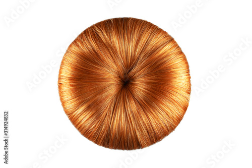 Red hair on white, isolated. Doughnut bun