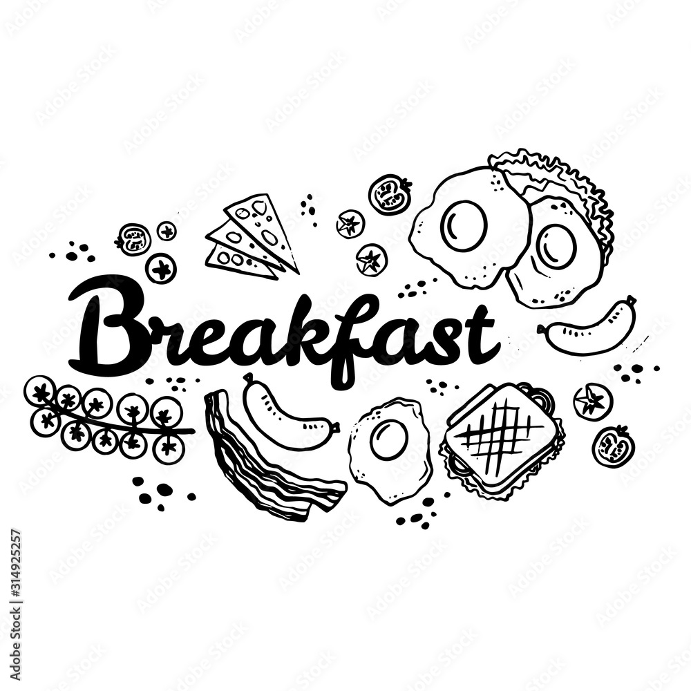Breakfast top view frame. Morning food for menu design. Dishes collection. Hand drawn illustration. Traditional breakfast set. English breakfast. Set of doodle breakfast food.