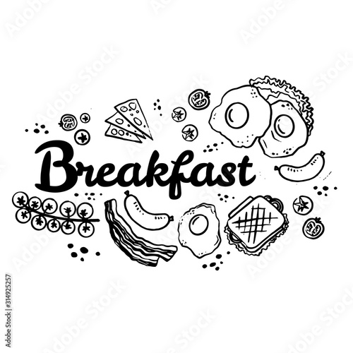 Breakfast top view frame. Morning food for menu design. Dishes collection. Hand drawn illustration. Traditional breakfast set. English breakfast. Set of doodle breakfast food.