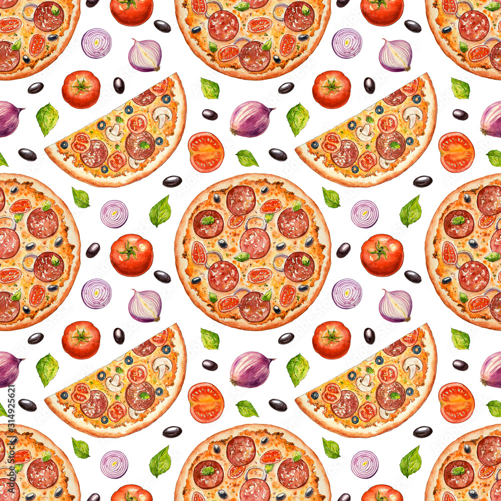 Watercolor seamless pattern with Italian pizza. Hand drawn fast food. Illustration for menu. Design for pizzeria, cafe and restaurant. Wallpaper, template, background, ornament Watercolor seamless pattern with Italian pizza. Hand drawn fast food. Illustration for menu. Design for pizzeria, cafe and restaurant. Wallpaper, template, background, ornament