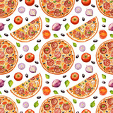 Watercolor seamless pattern with Italian pizza. Hand drawn fast food. Illustration for menu. Design for pizzeria, cafe and restaurant. Wallpaper, template, background, ornament