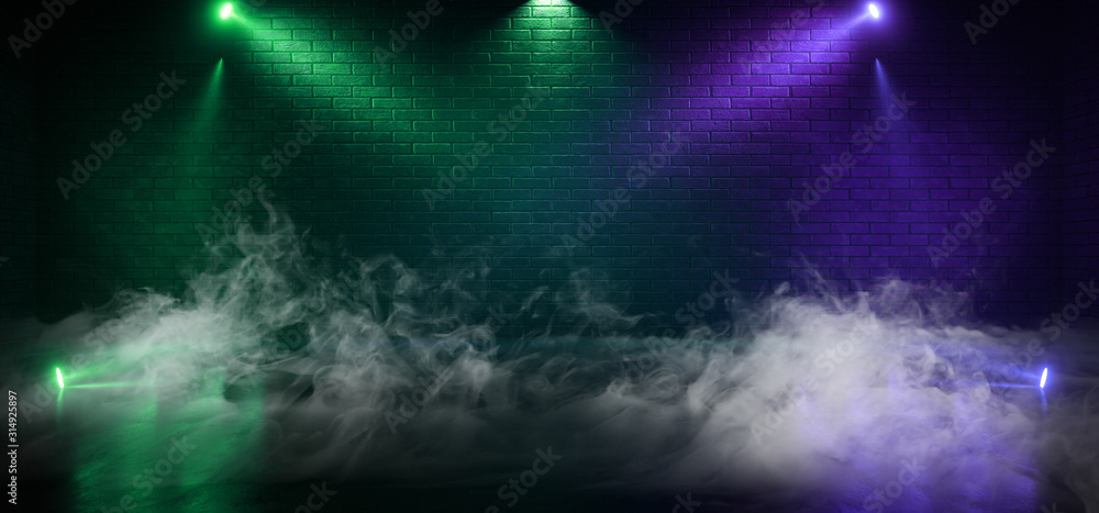 Retro Smoke Fog Dance Floot Stage Brick Walls Concrete Spot LIghts Glowing Green Purple Empty Space Dark Night Catwalk Cyber 3D Rendering