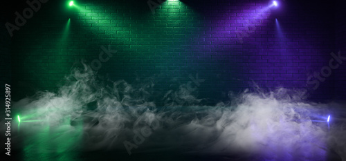 Retro Smoke Fog Dance Floot Stage Brick Walls Concrete Spot LIghts Glowing Green Purple Empty Space Dark Night Catwalk Cyber 3D Rendering